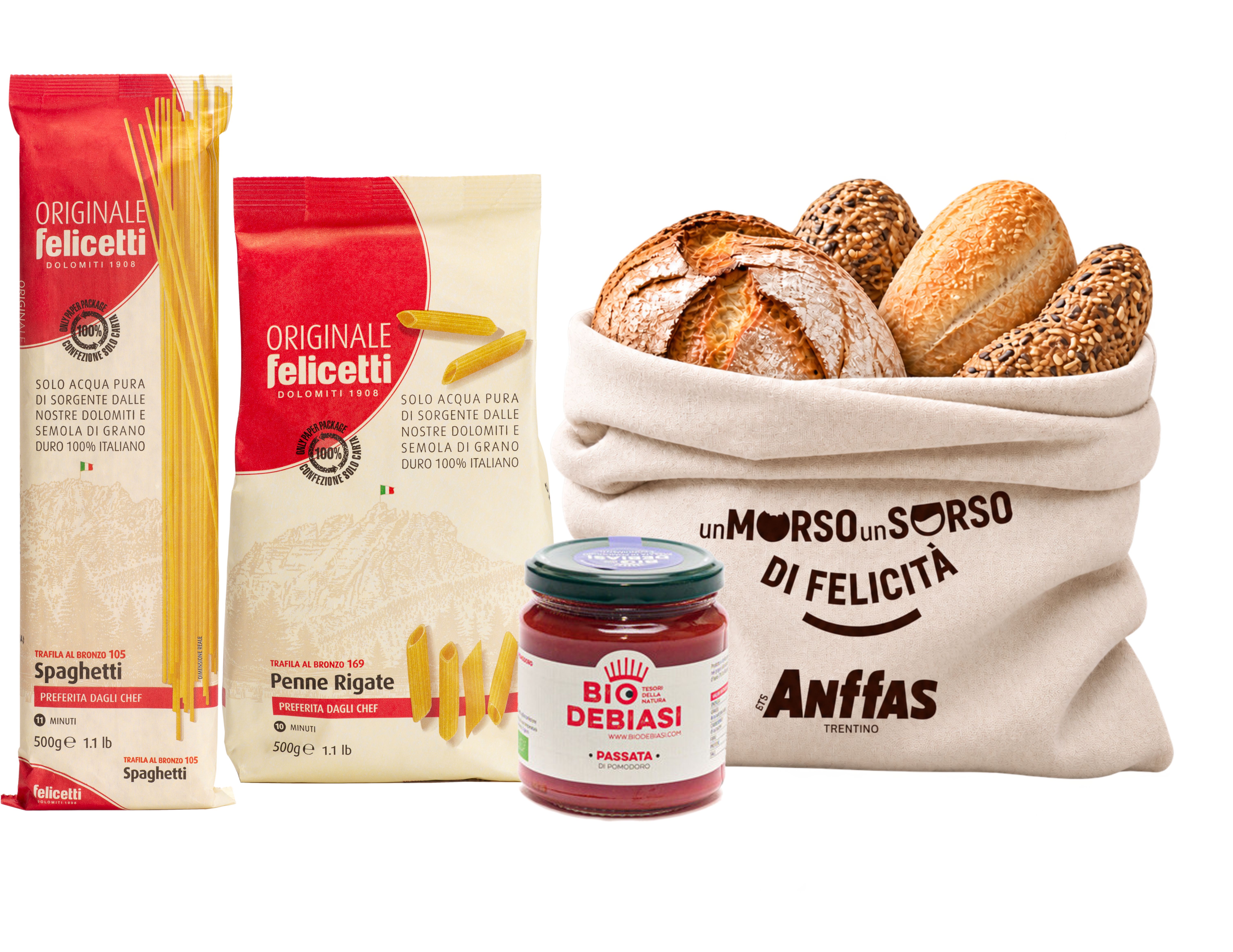 Pasta Felicetti, passata BioDebiasi e sacchetto del pane Un Morso Un Sorso di Felicità